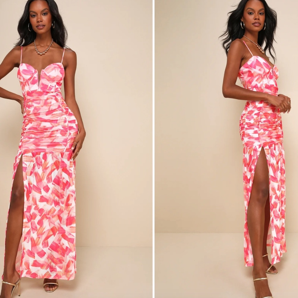 Multi Print Ruched Bustier Maxi Dress